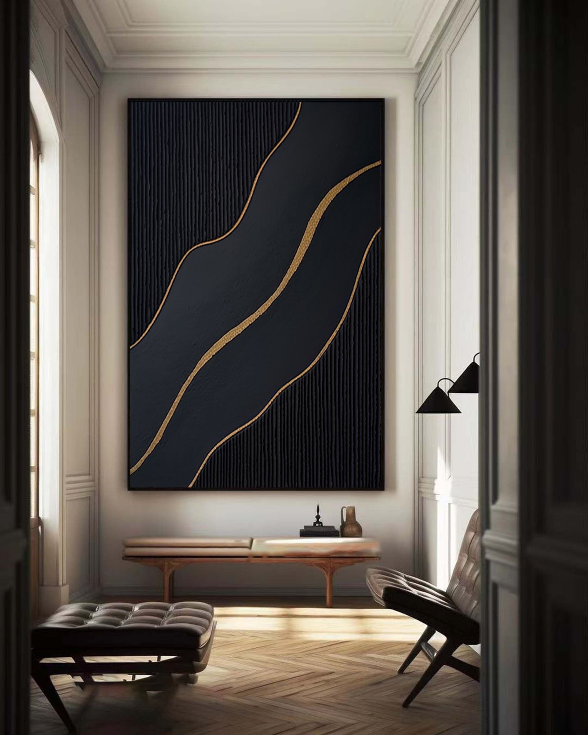 Large Black and Gold Abstract Canvas Art for Home Decor #BM 086