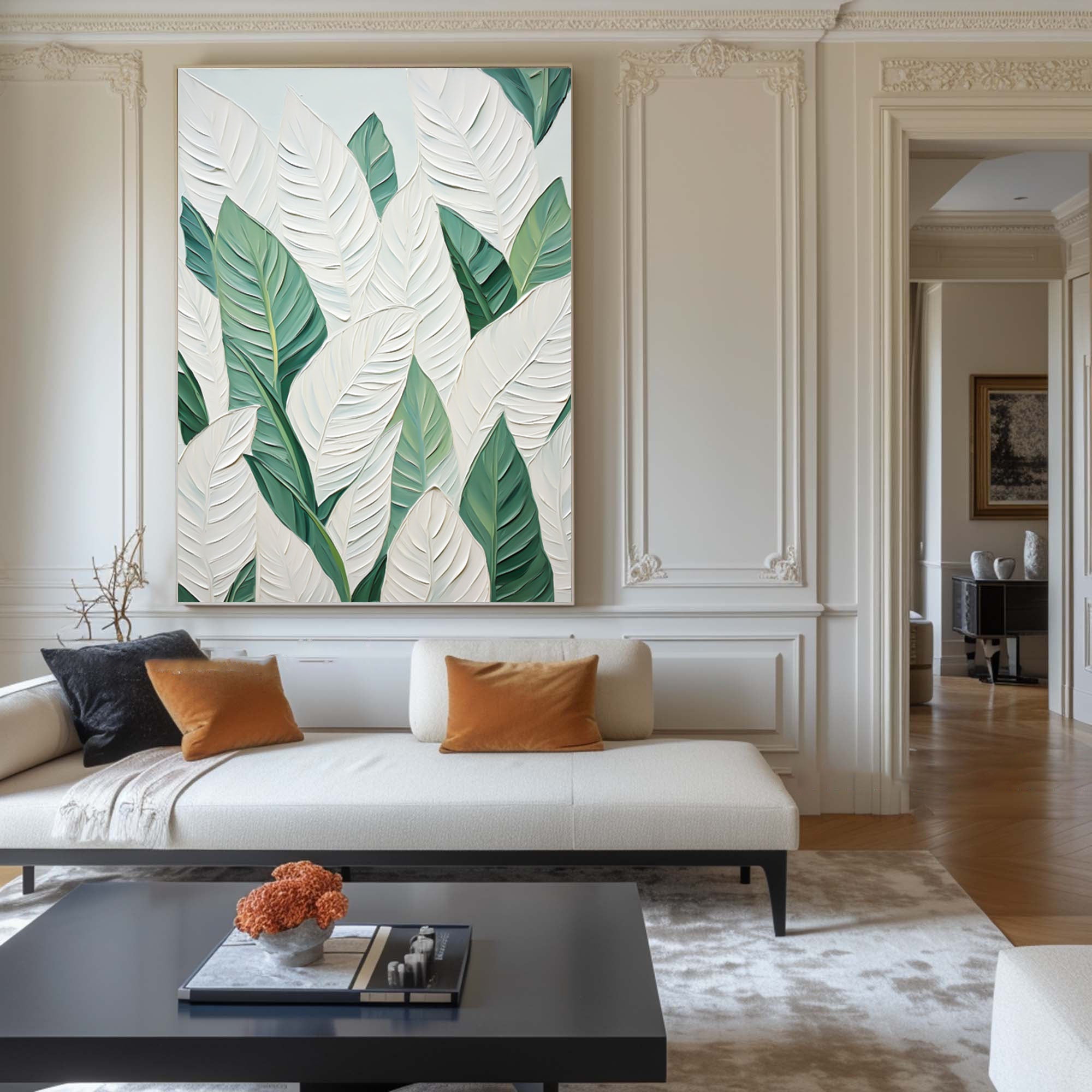 Leaf Symphony: Green and White Botanical Wall Art #BGM 048