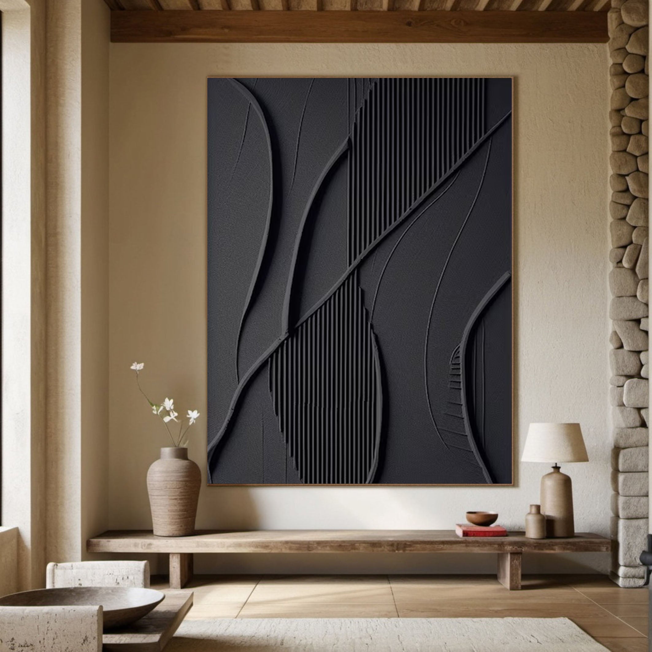 Geometric Textured Black Wall Art Contemporary Home Decor #BM 101