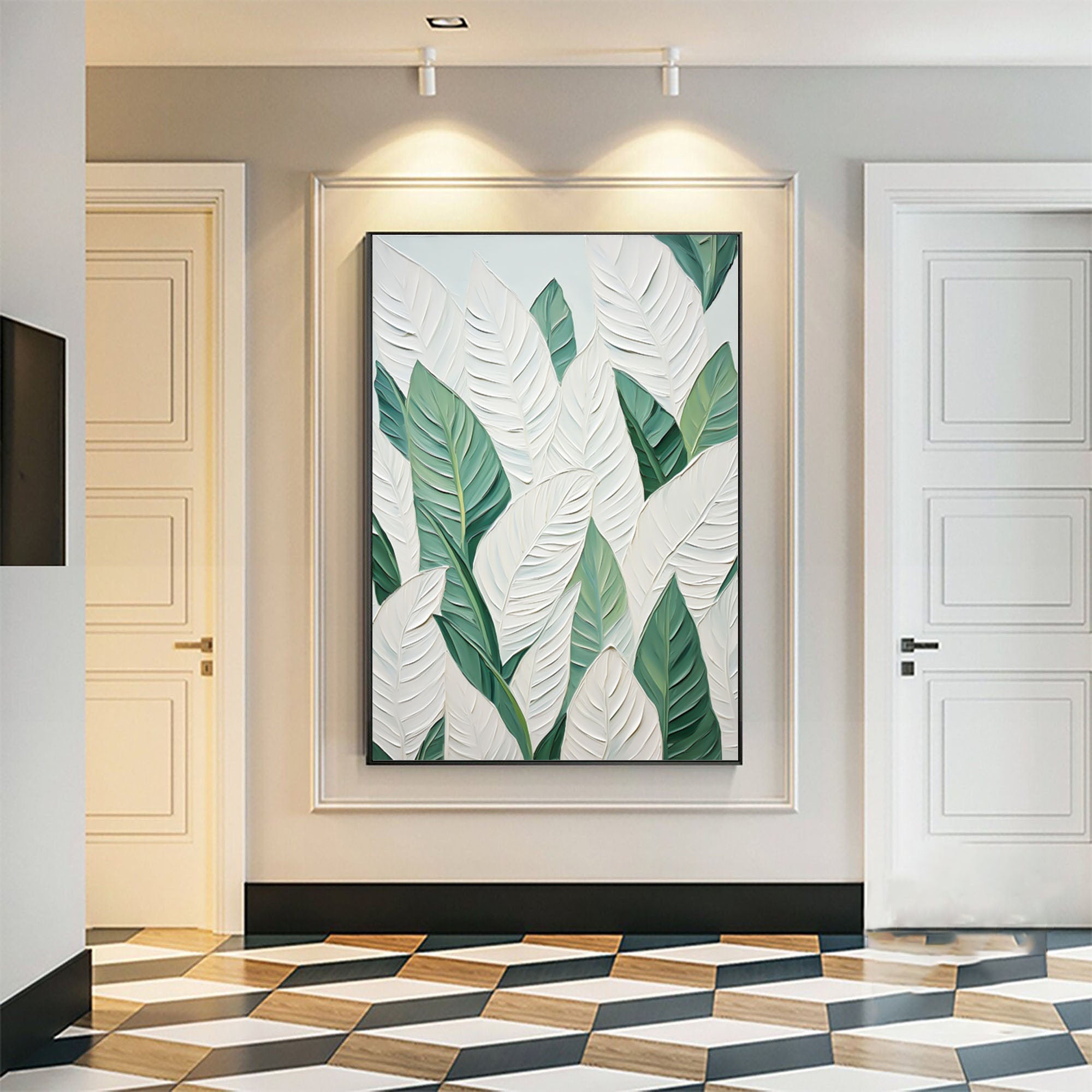 Leaf Symphony: Green and White Botanical Wall Art #BGM 048