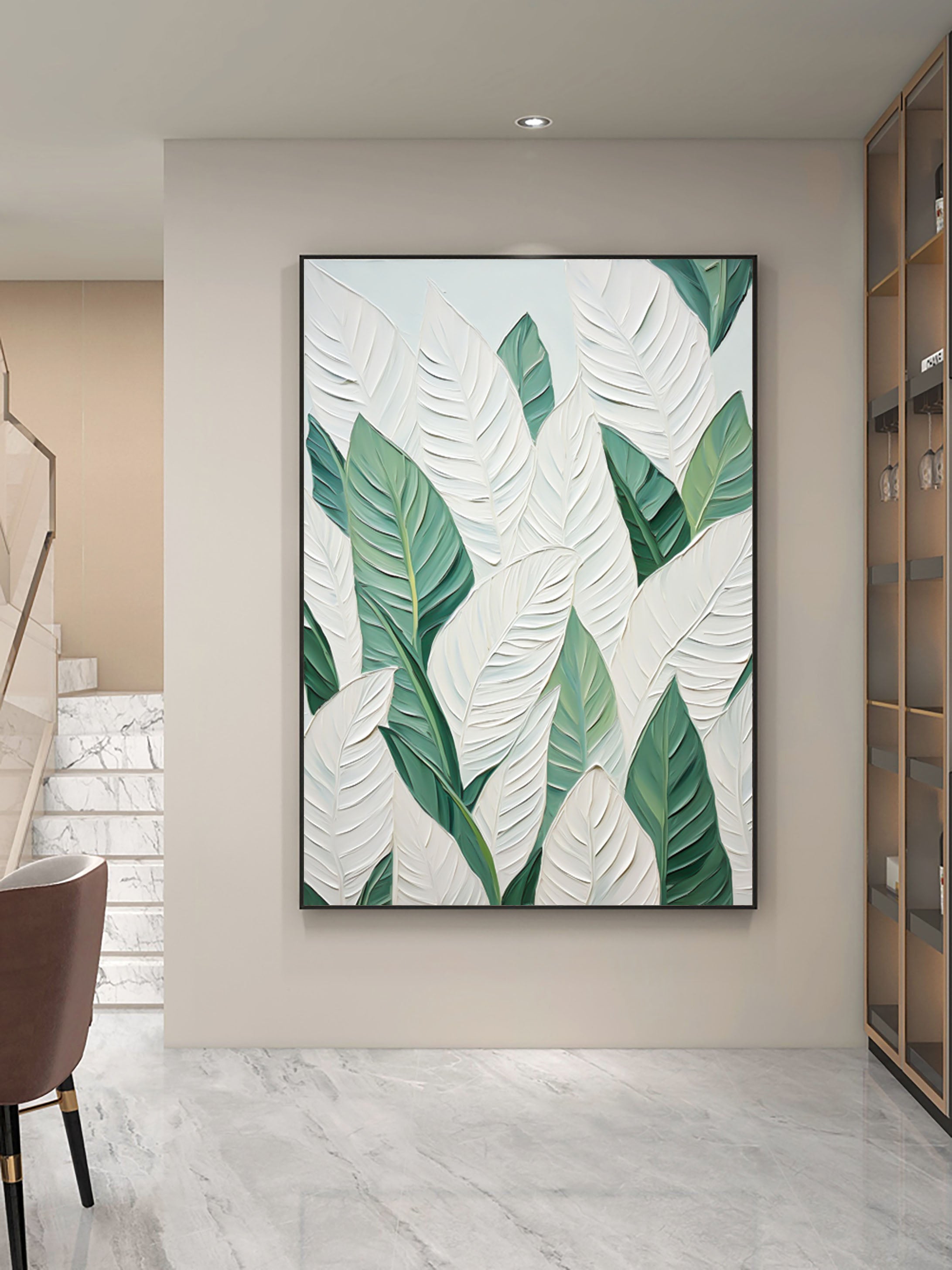 Leaf Symphony: Green and White Botanical Wall Art #BGM 048