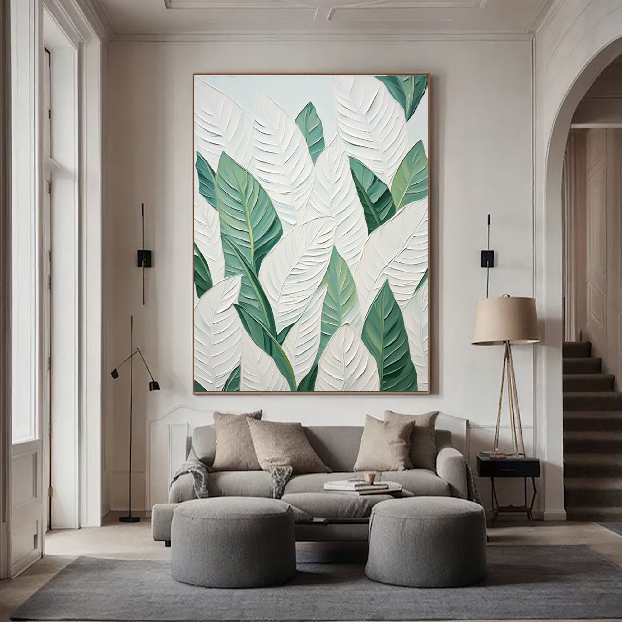 Leaf Symphony: Green and White Botanical Wall Art #BGM 048