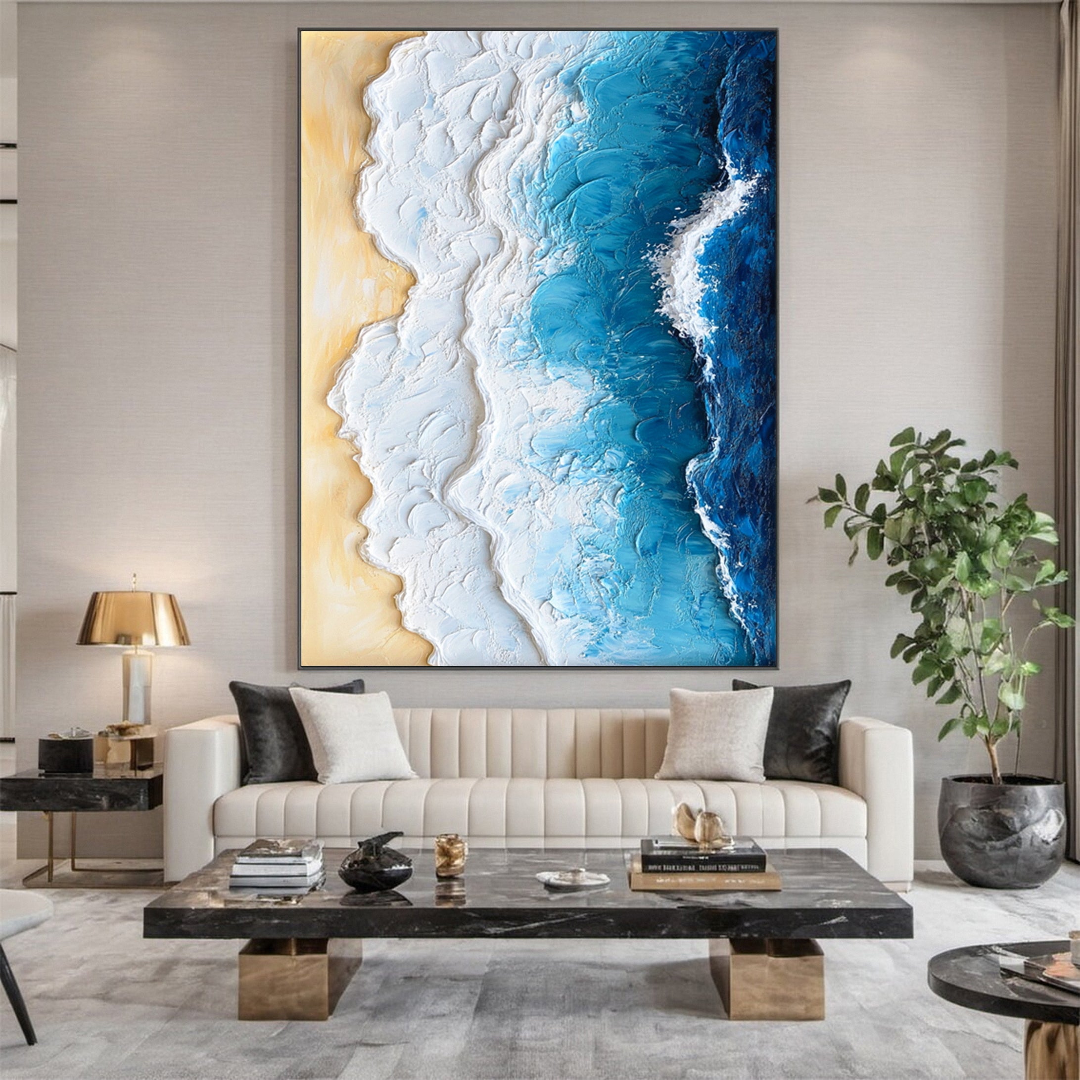Large Textured Ocean Wave Artwork for Sophisticated Interior Design #OP 028