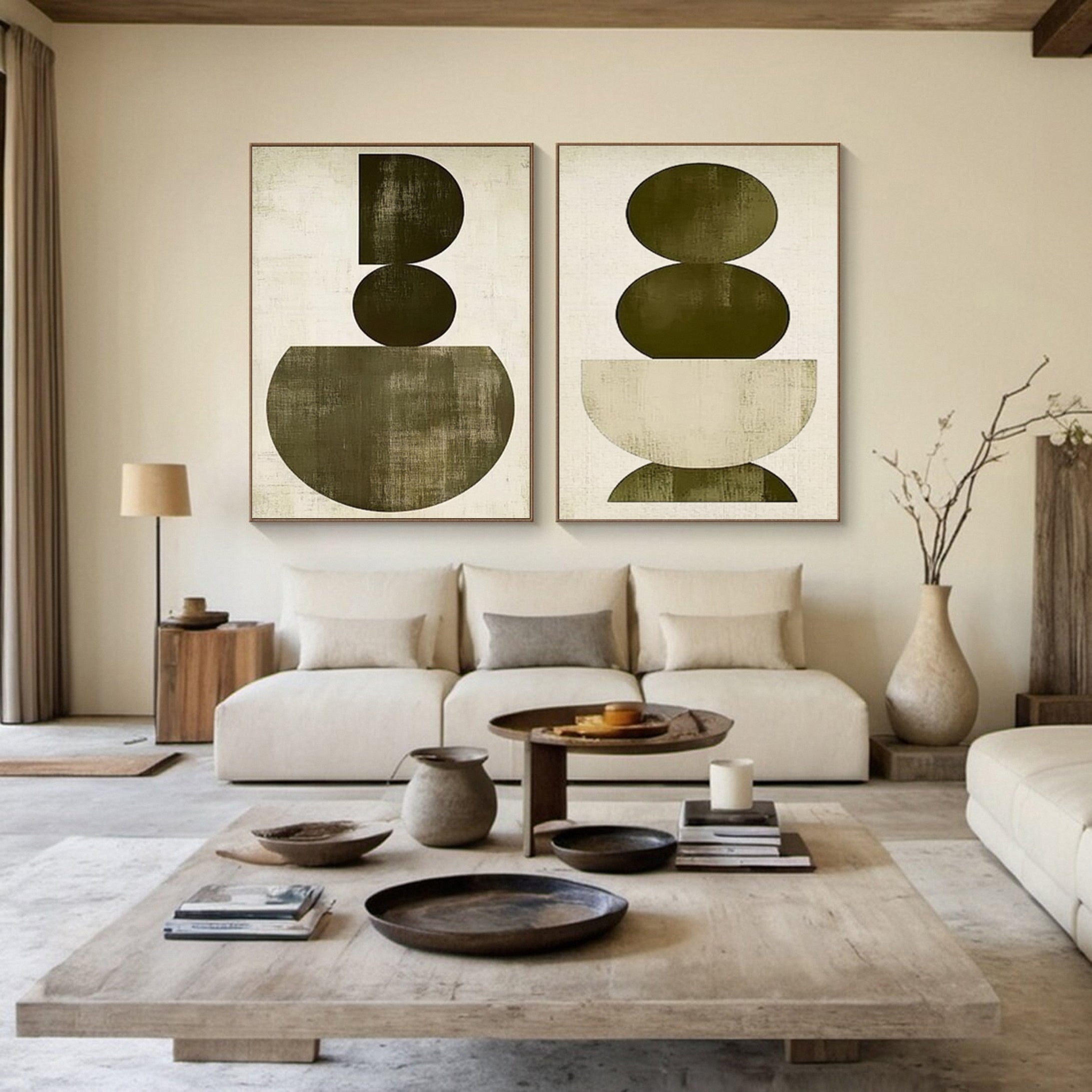 Large Wabi Sabi Geometric Abstract Canvas Art Set Of 2 #WS 051