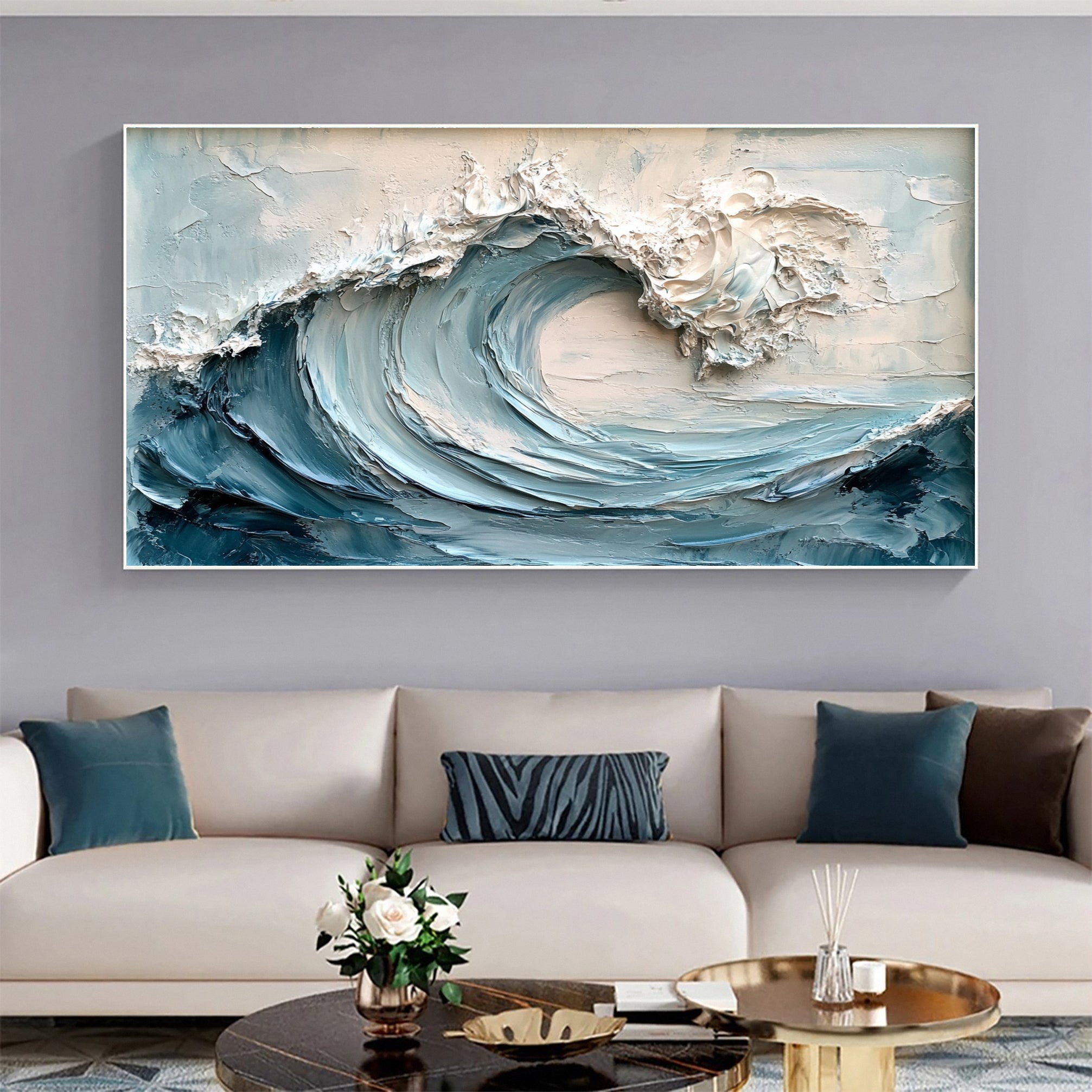 Coastal Serenity Textured Ocean Waves Oil Painting for Living Room #OP 006
