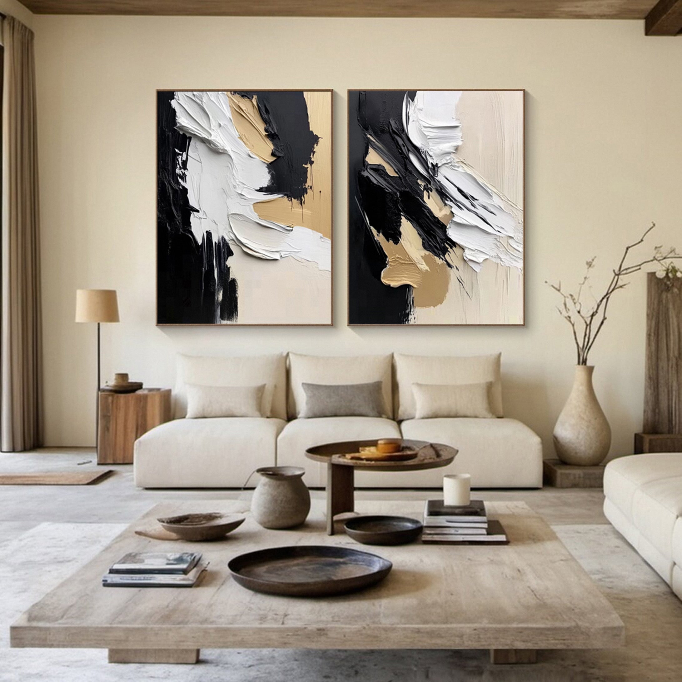 Modern Art Canvas Bold Textures and Metallic Gold Accents Set Of 2 #BBS 027