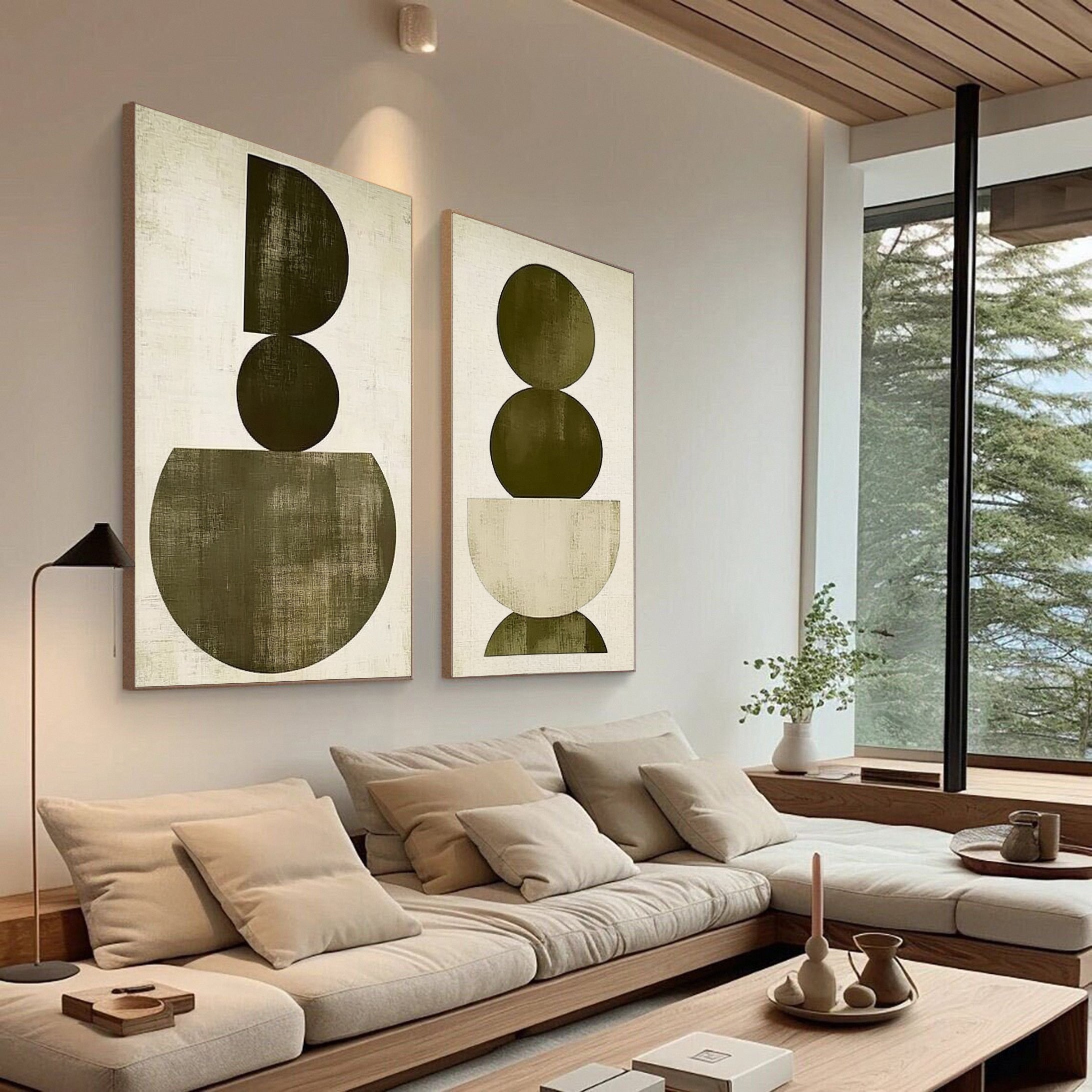 Large Wabi Sabi Geometric Abstract Canvas Art Set Of 2 #WS 051