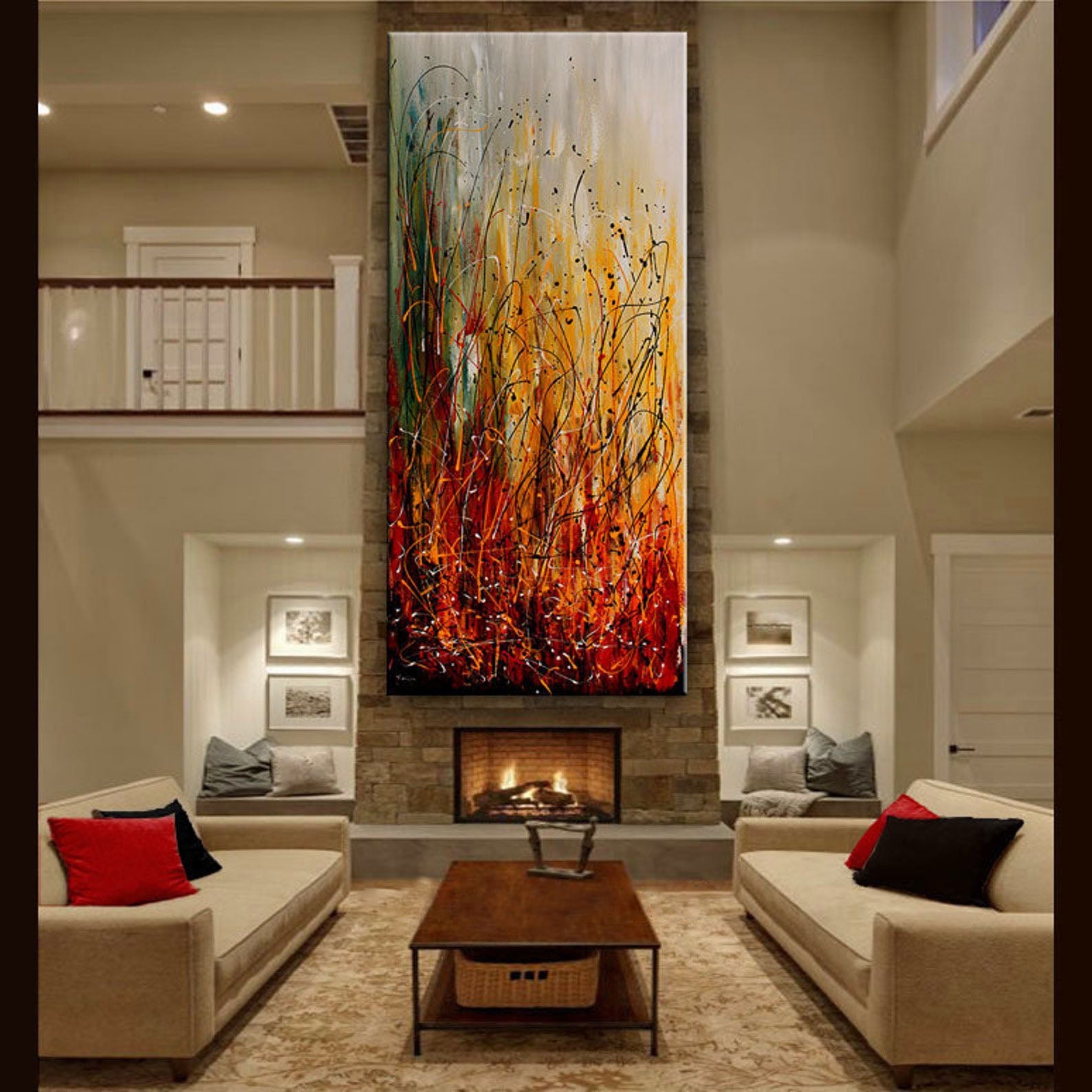 Orange Red Abstract Art ¨C Large Canvas Art Jackson Pollock Style #CWA 004