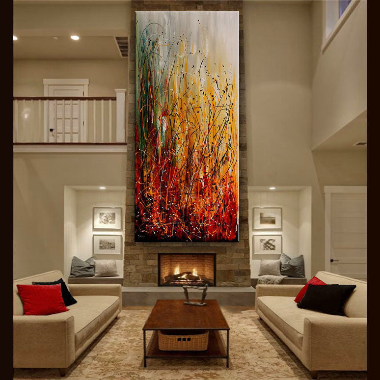 Orange Red Abstract Art ¨C Large Canvas Art Jackson Pollock Style #CWA 004