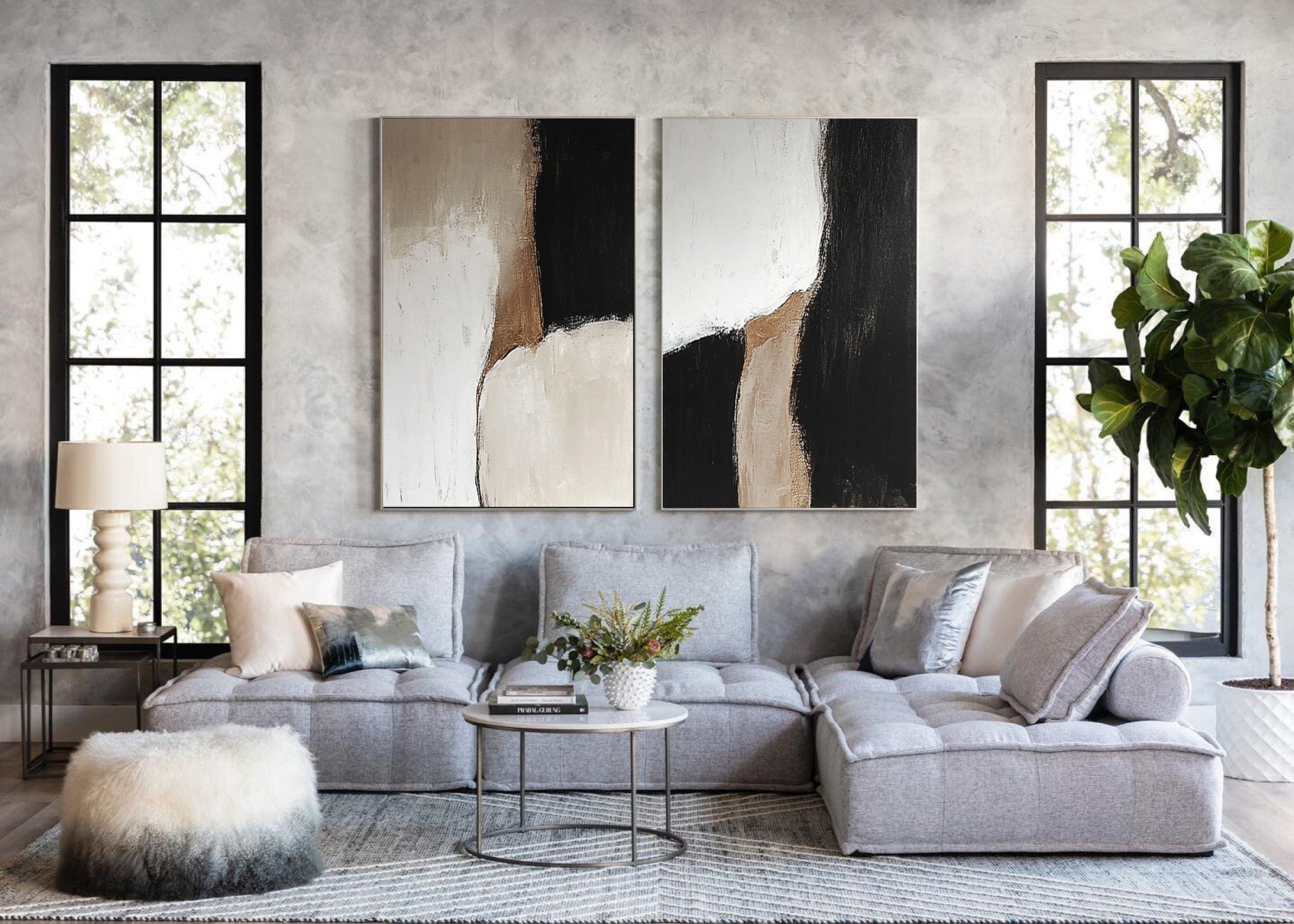 Abstract Black and White Canvas Set for Modern Living Room Decor #BWS 012