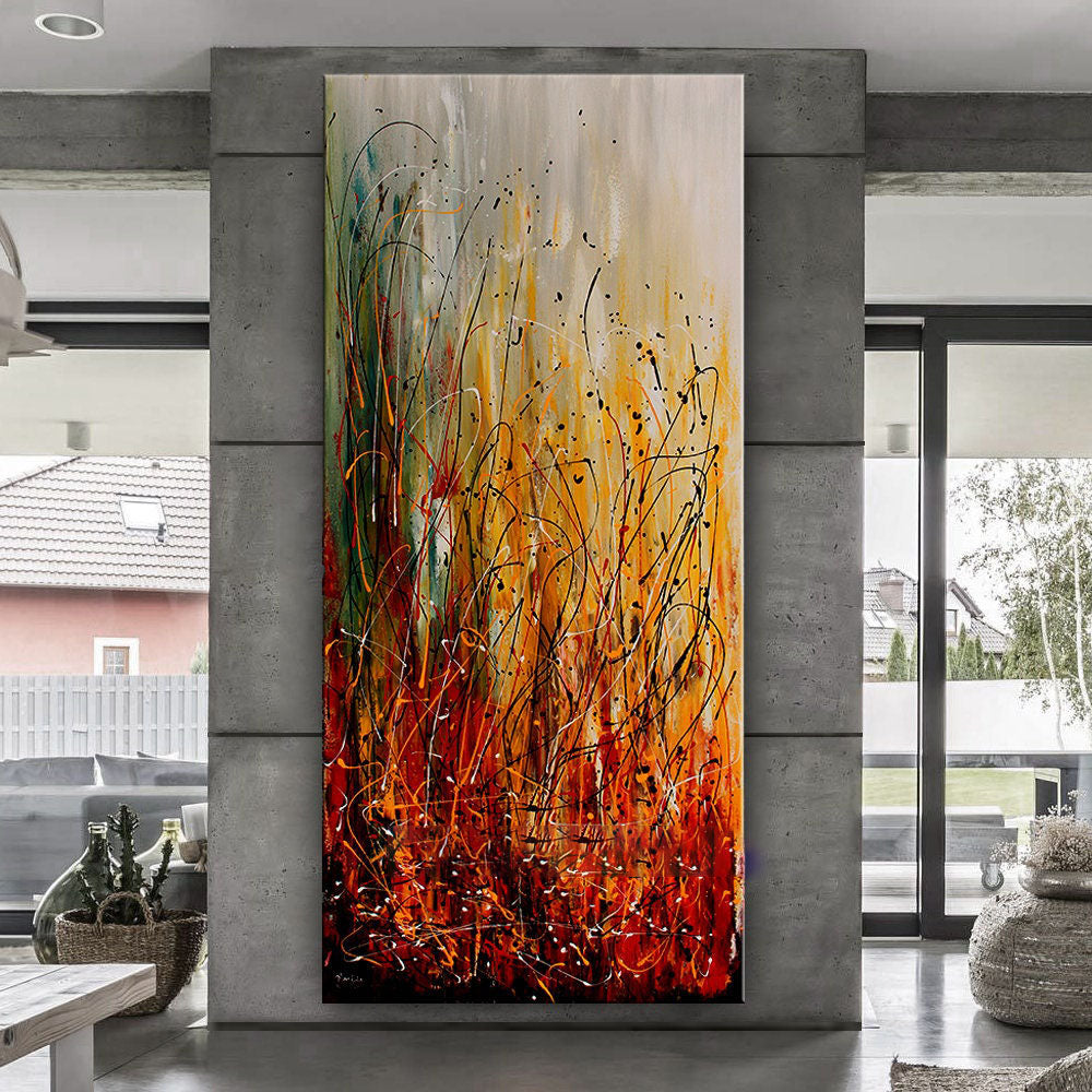 Orange Red Abstract Art ¨C Large Canvas Art Jackson Pollock Style #CWA 004