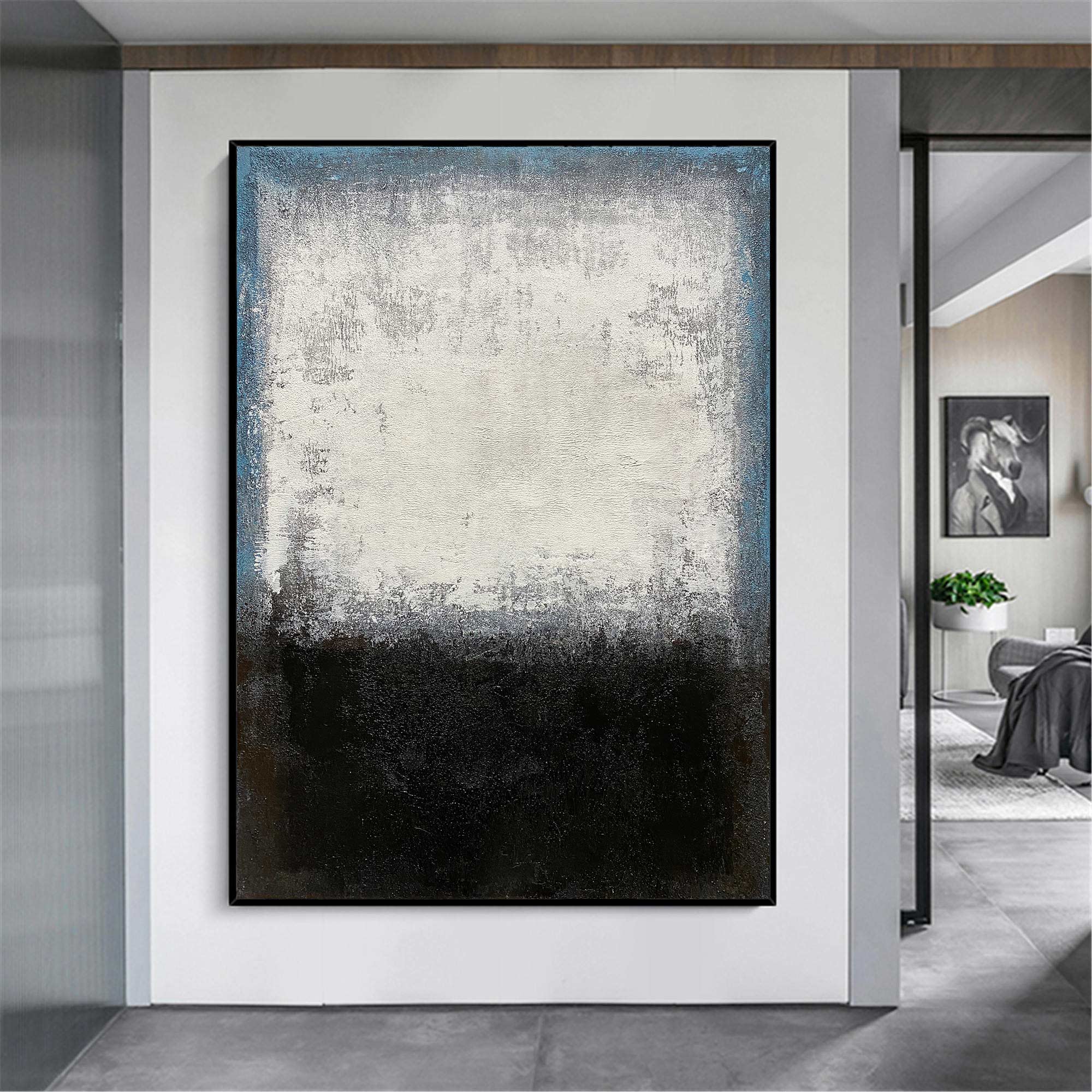 Peinture minimaliste noir blanc bleu #ABAV106