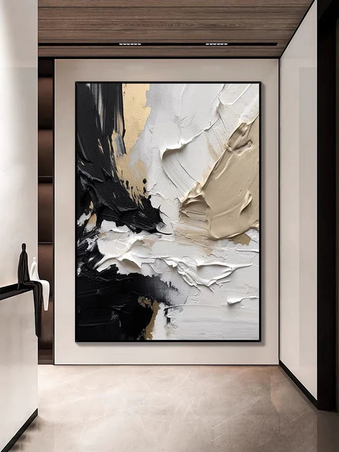 "Abstract Symphony" – Bold Black, White, and Beige Textured Canvas Art