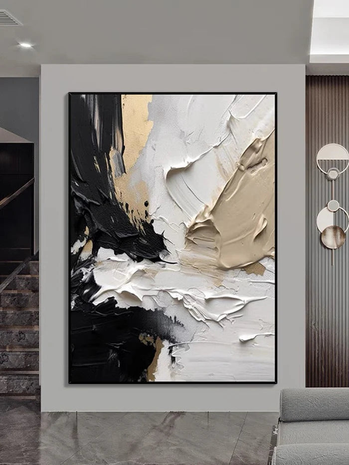 "Abstract Symphony" – Bold Black, White, and Beige Textured Canvas Art