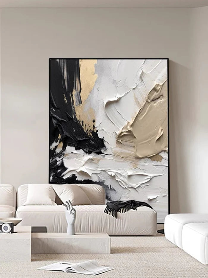 "Abstract Symphony" – Bold Black, White, and Beige Textured Canvas Art