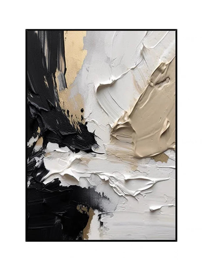 "Abstract Symphony" – Bold Black, White, and Beige Textured Canvas Art