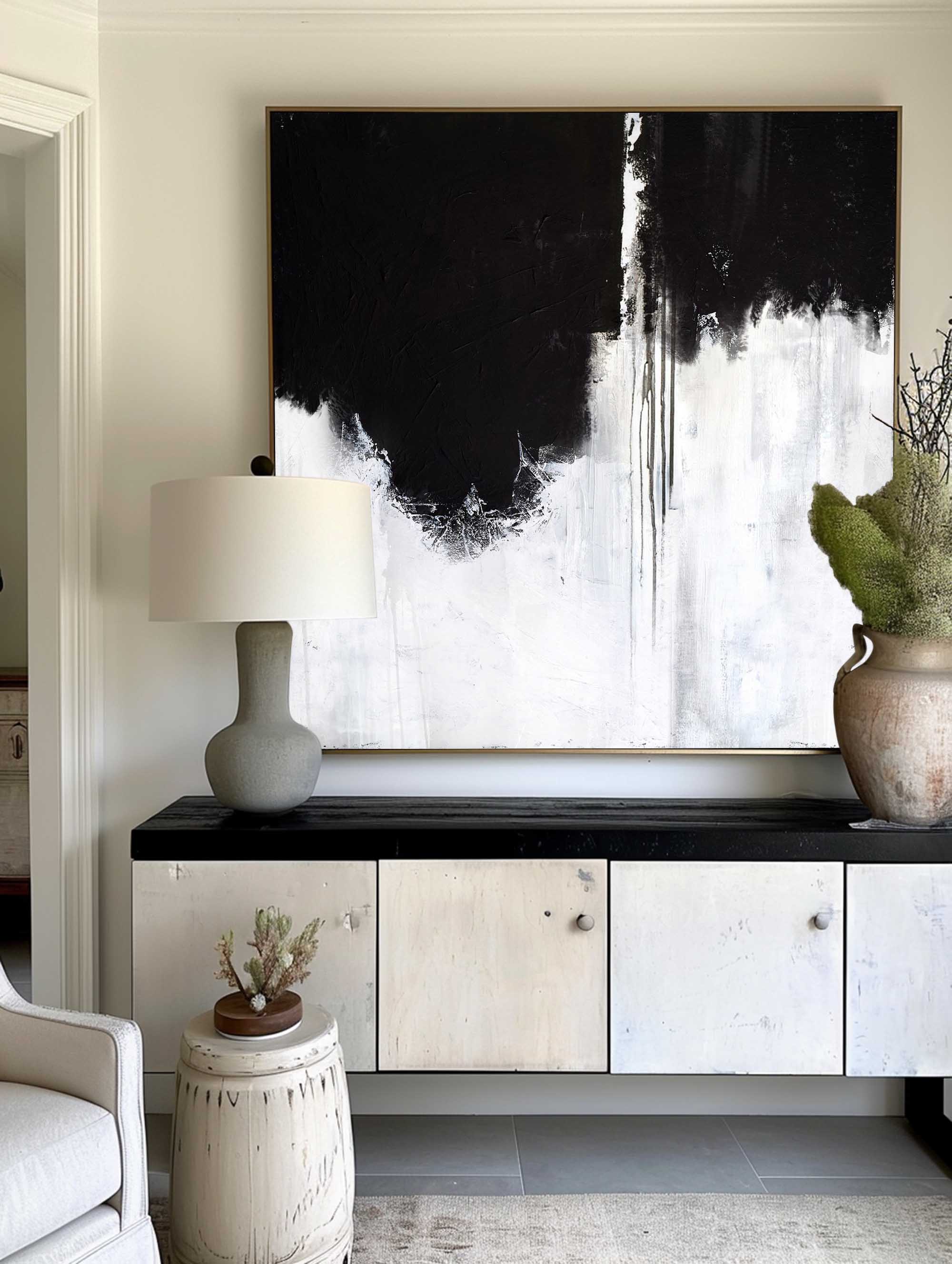 Large Black White Modern Painting #ABAS30